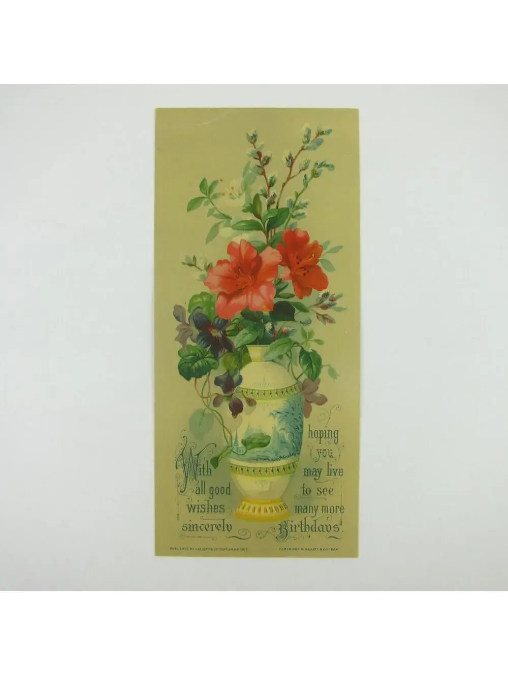 Victorian Birthday Greeting Card Flower Bouquet in Vase Red Purple Antique 1880